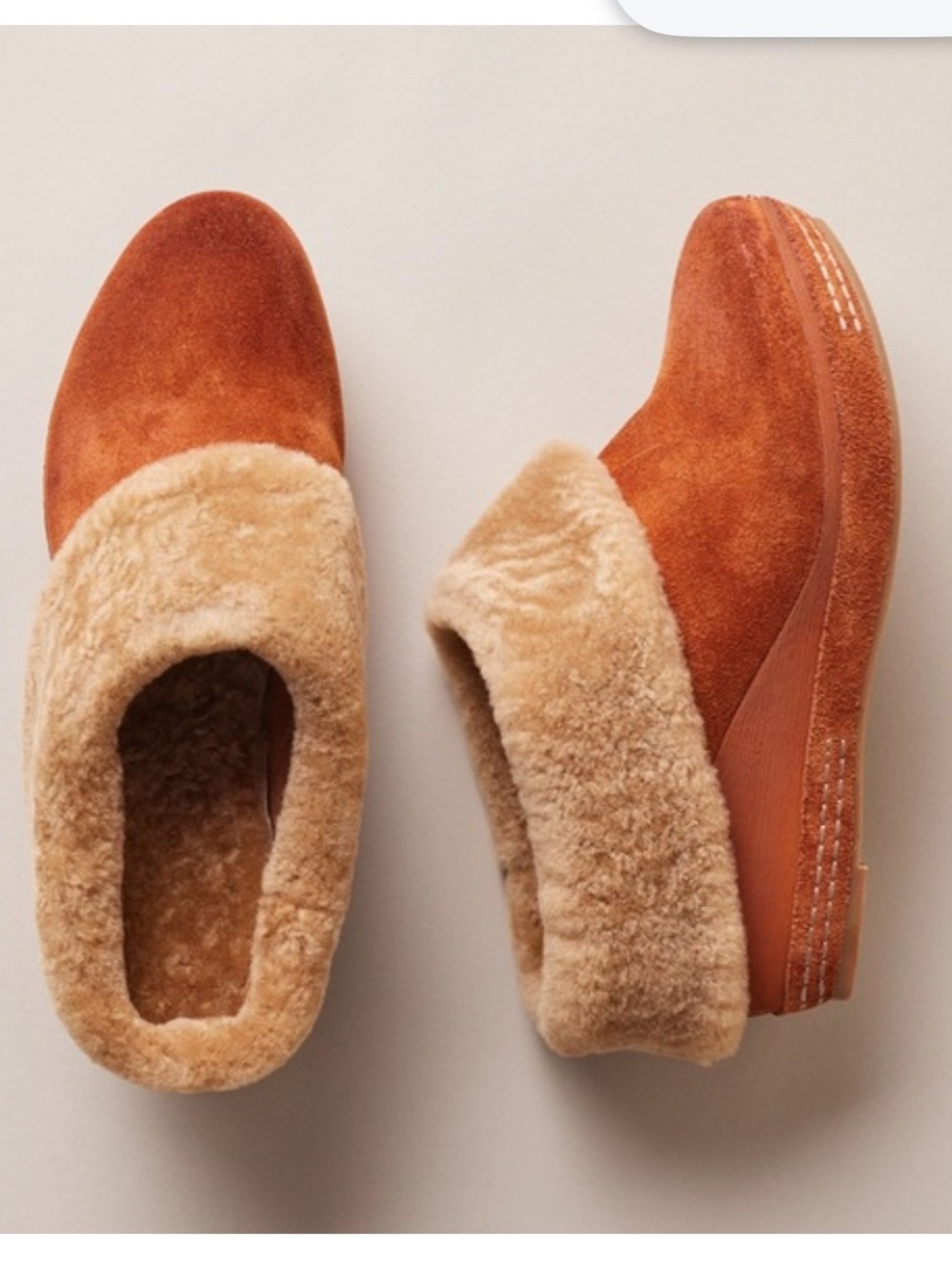Antelope Cognac Suede Shearling-Lined Slip-On Mules
